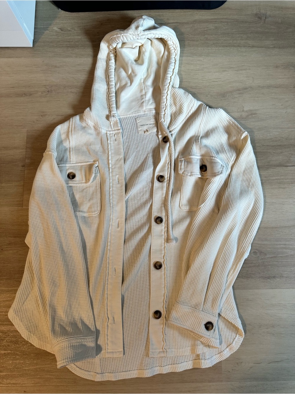 American Eagle Outfitters Cream Waffle Knit Hooded Button-Up